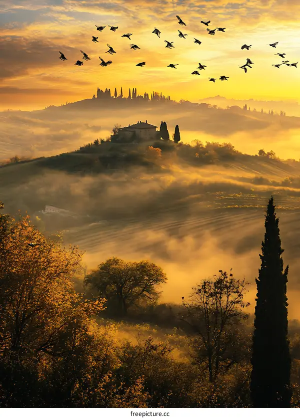 Sunrise over Tuscan Hills with Birds Flying
