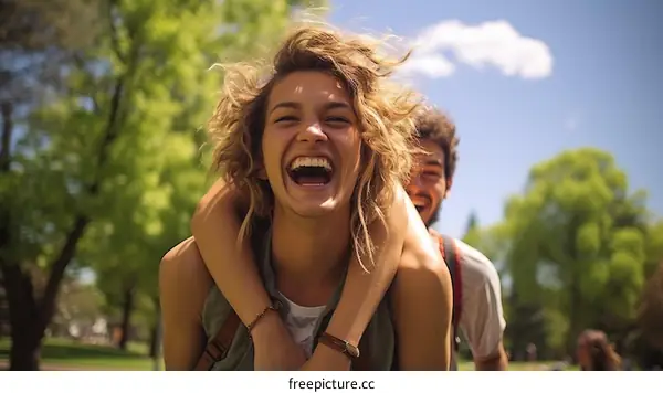 A laughing woman is being carried on the back of a smiling man