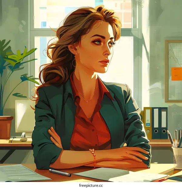 Business Woman Sitting at Desk Looking Out Window