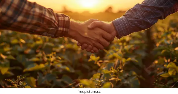 Two farmers shaking hands in a field at sunset