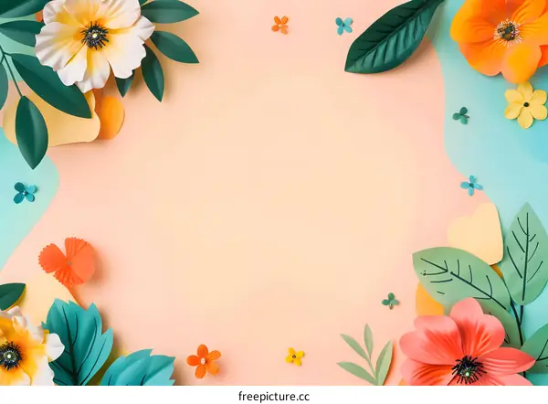 Paper Cut Floral Background with Green Leaves