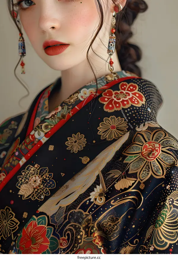 Close-up portrait of a beautiful Asian woman in a kimono with red and gold floral patterns
