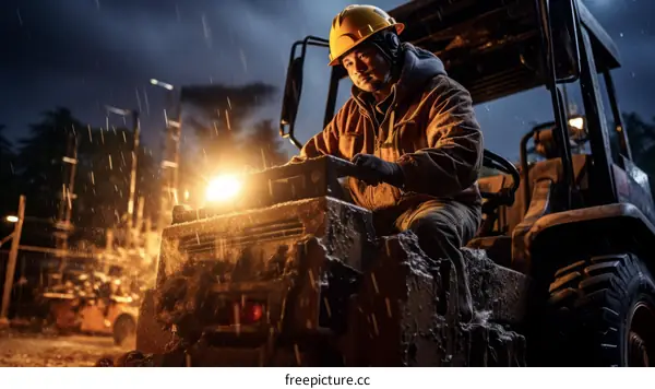 Asian worker in hard hat and reflective vest operates heavy machinery at a construction site at night
