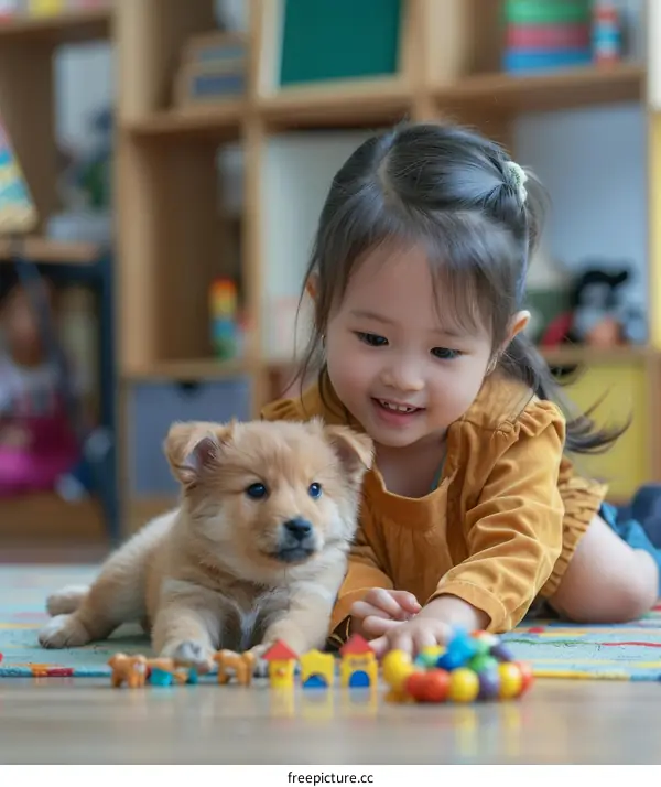 Asian toddler girl playing with a puppy