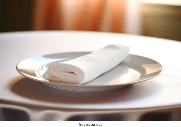White folded napkin on a white plate