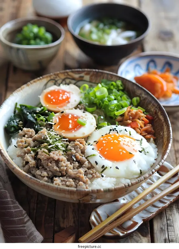 A delicious bowl of Japanese minced pork rice topped with a soft-boiled egg