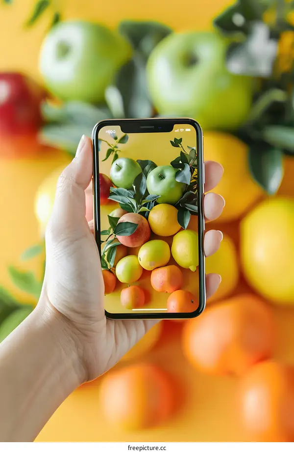 Hand Holding Smartphone with Fruit Photo on the Screen
