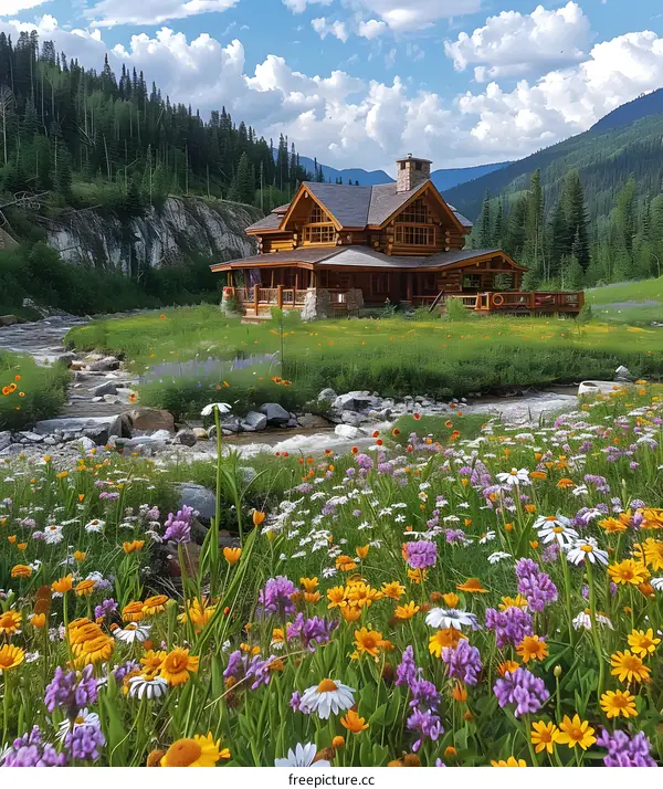 Wooden Cabin in a Meadow with a Stream