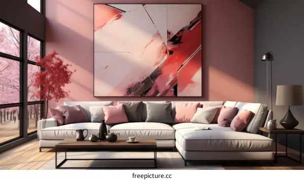 Modern Living Room with Pink Wall and Abstract Art