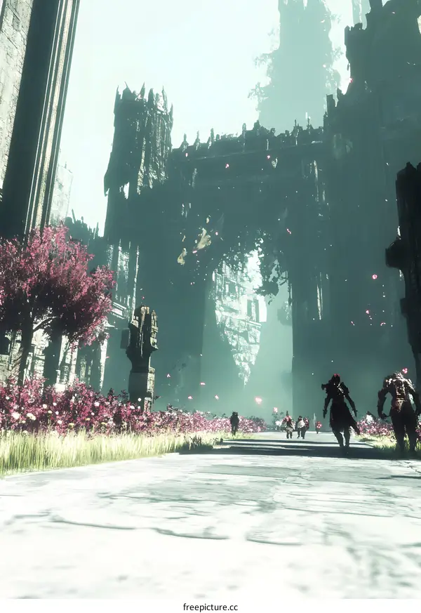 Fantasy World Ruins with Figures Walking on a Stone Path