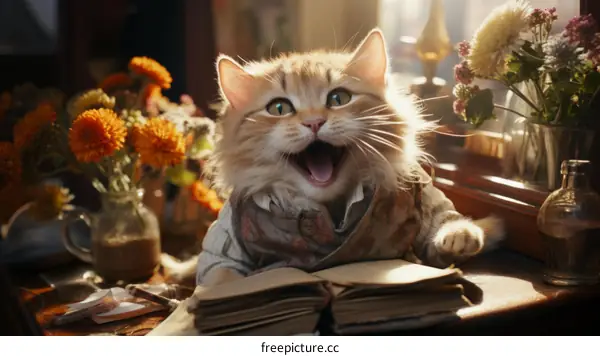 A ginger cat wearing a shirt is sitting on a table and reading a book