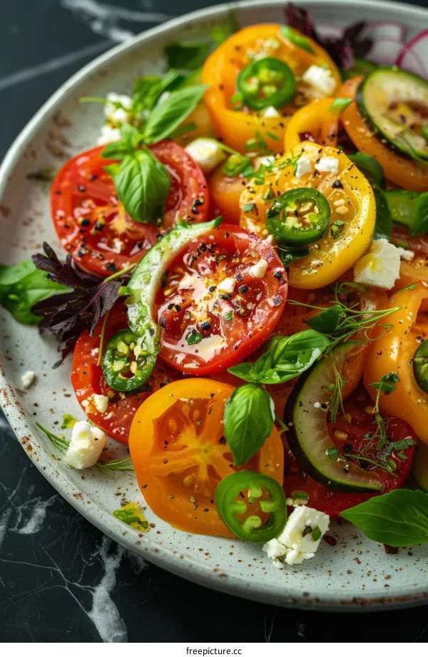 Heirloom tomato salad with basil, cucumber, feta, and chili
