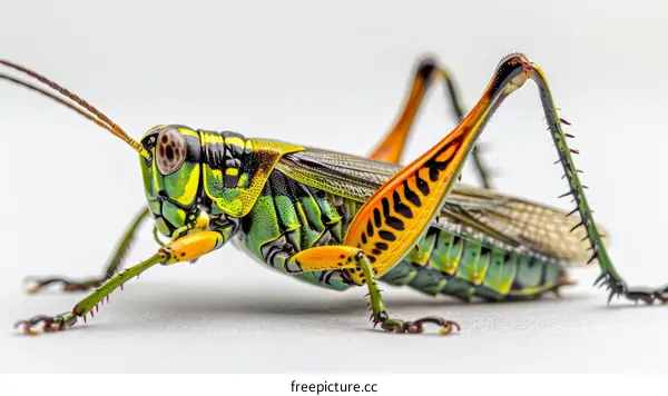 A green and yellow katydid on a white background