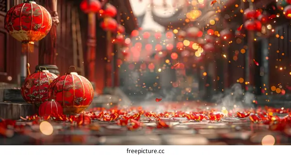 Chinese New Year celebration with red lanterns and falling petals