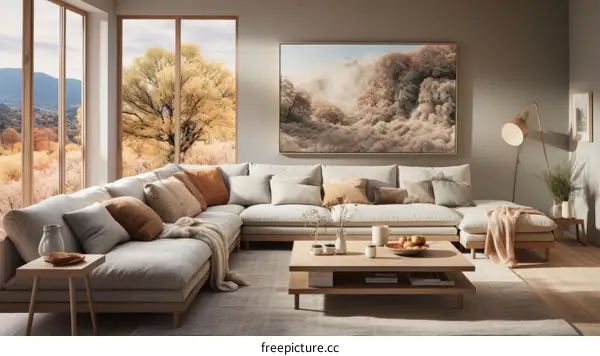 Modern living room interior with large windows and a comfortable sofa