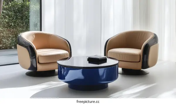 Modern Beige Leather Armchairs and Blue Coffee Table