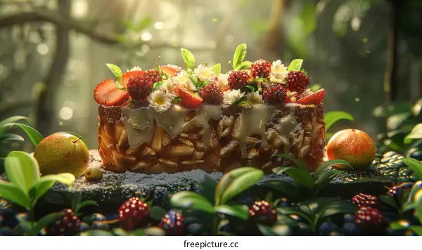 A slice of delicious cake sits on a table in the middle of a forest