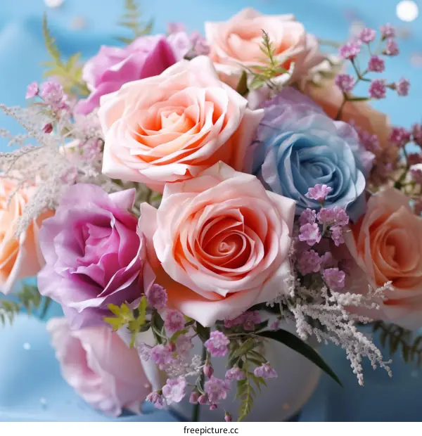A bouquet of roses in various colors including pink, purple, and blue