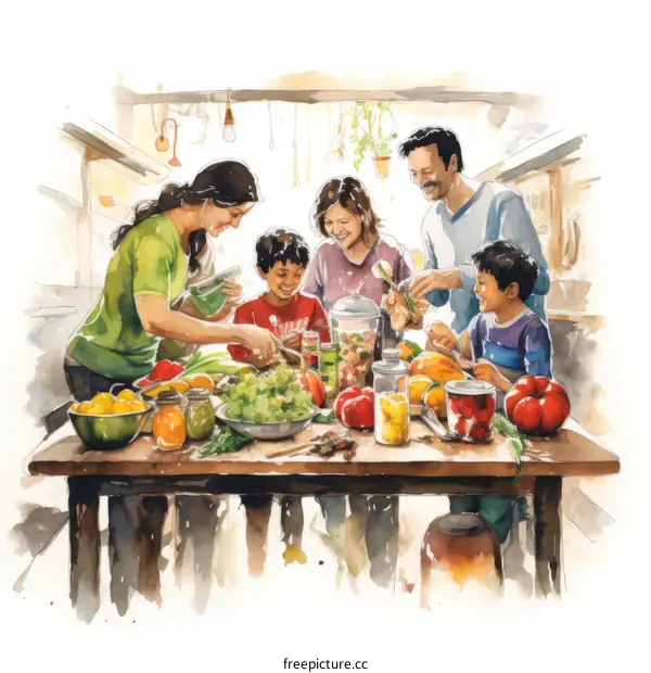 A Watercolor Illustration of a Family Cooking Together in the Kitchen