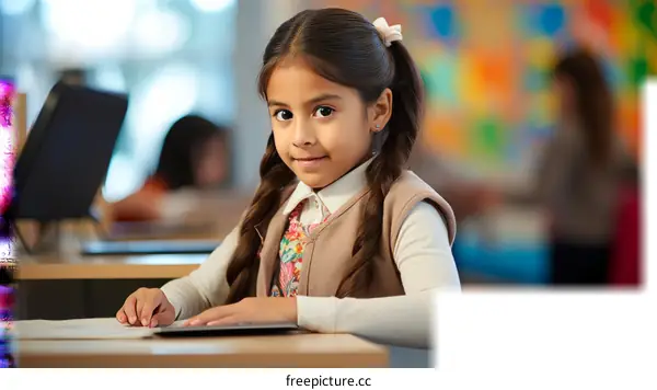 Little girl sitting at a desk in a classroom smiling at the camera