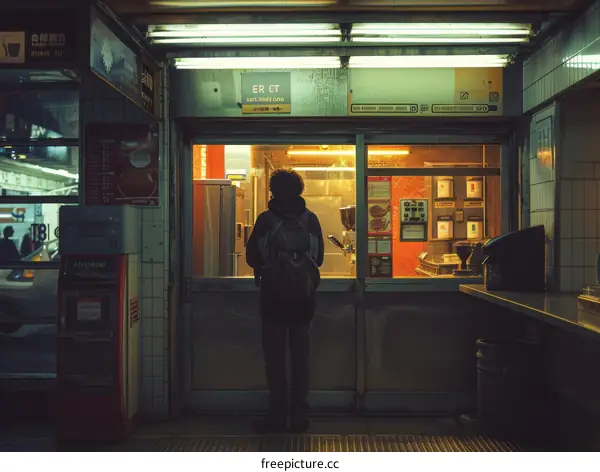 A person standing in front of a shop at night