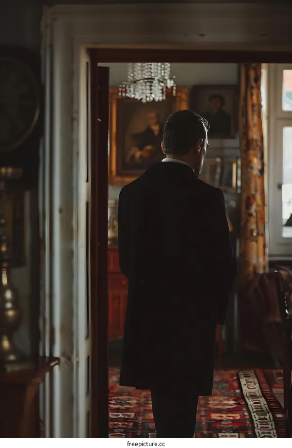 Man in suit walking through a grand hallway