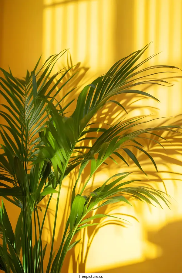 Green Palm Leaves With Sunbeams On Yellow Wall