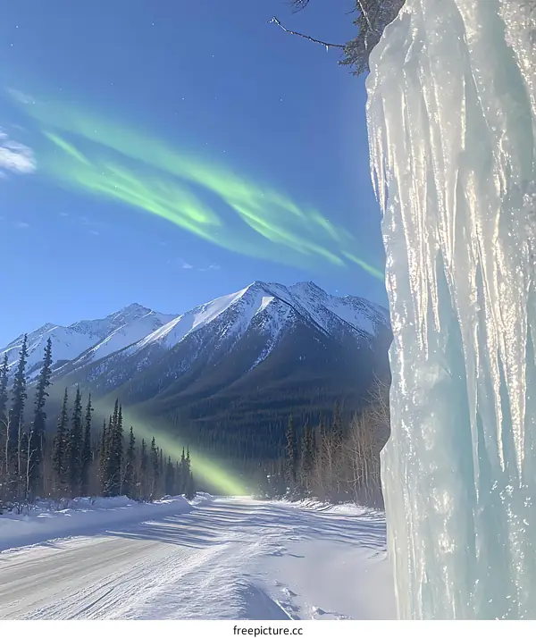 Aurora Borealis Over Snowy Mountains and Icicles