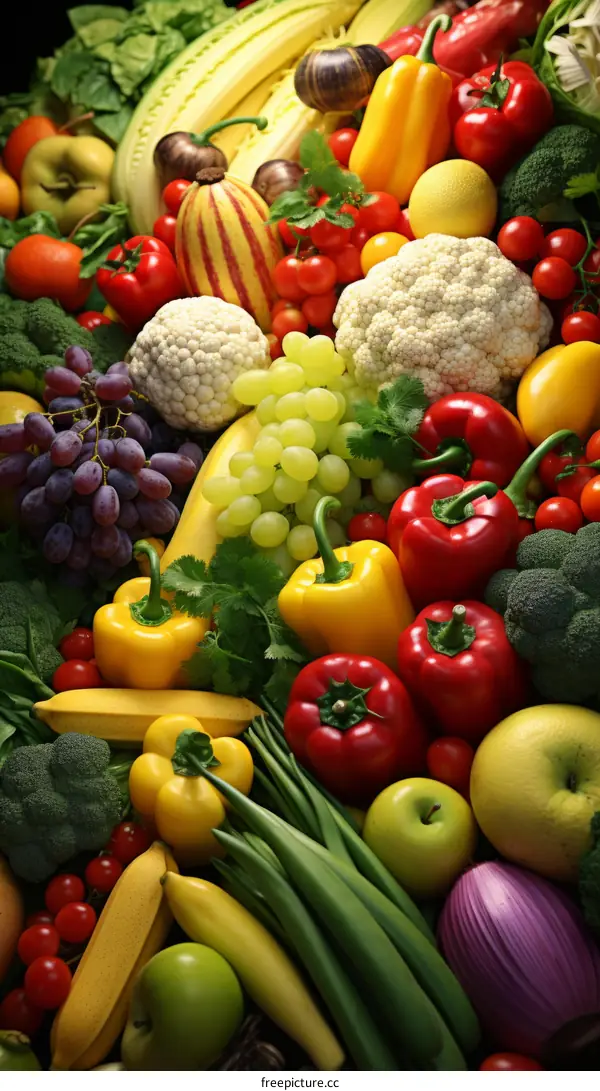 Colorful variety of fresh organic vegetables and fruits