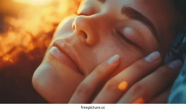 Closeup portrait of a beautiful young woman with eyes closed and hand touching her face