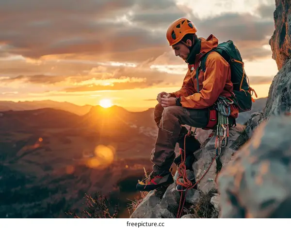 Young caucasian male rock climber on a mountain peak at sunset