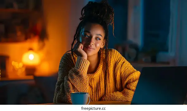 Young Woman Working Late Night at Home