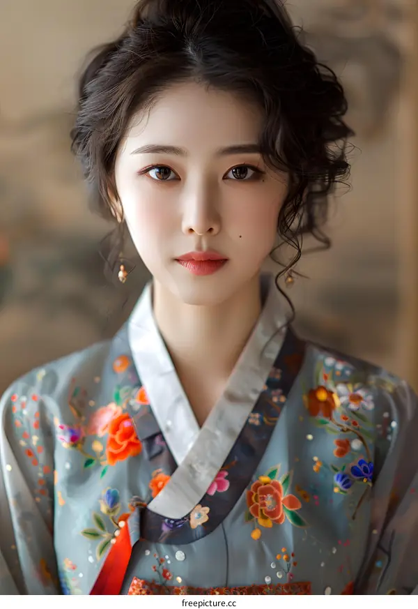 Portrait of a young woman in traditional Korean dress, or hanbok
