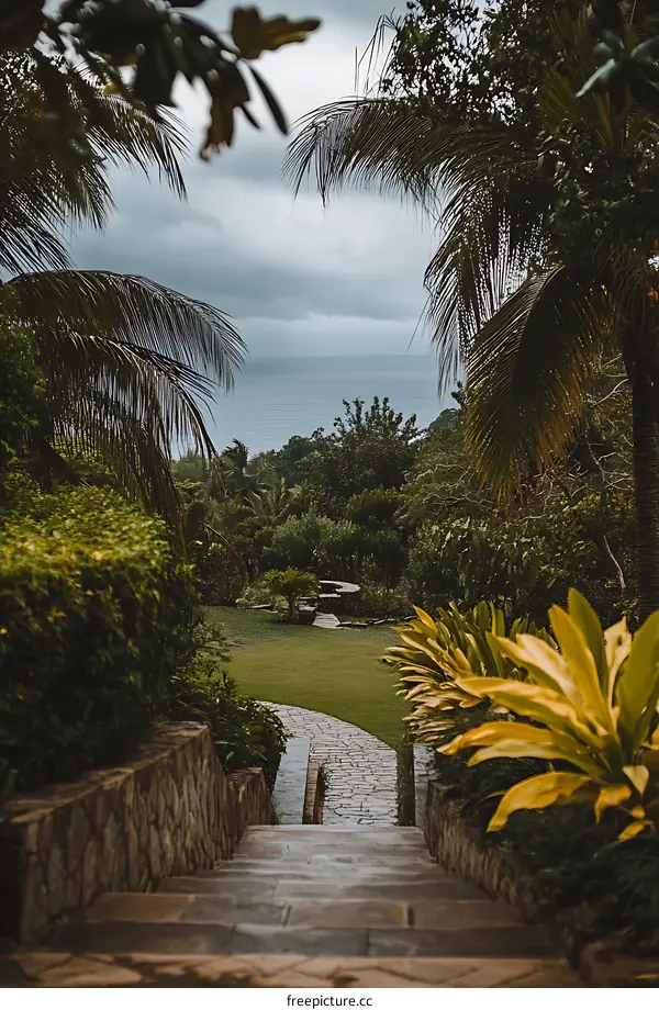 Tropical Garden Path Leading to Ocean View