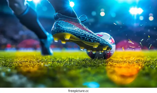 A soccer player in blue uniform kicking a soccer ball