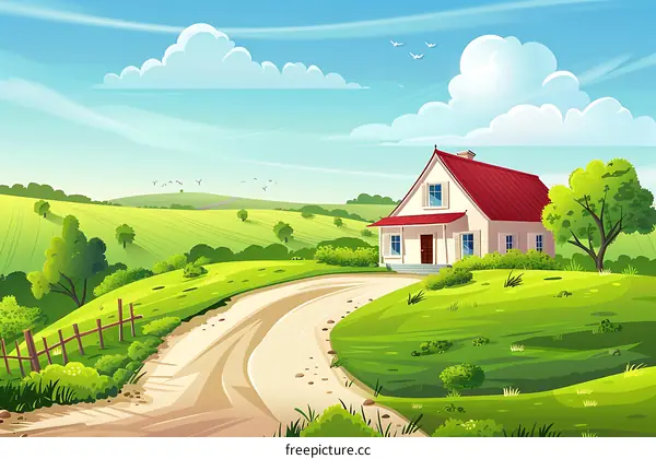 Countryside Landscape with House and Winding Road