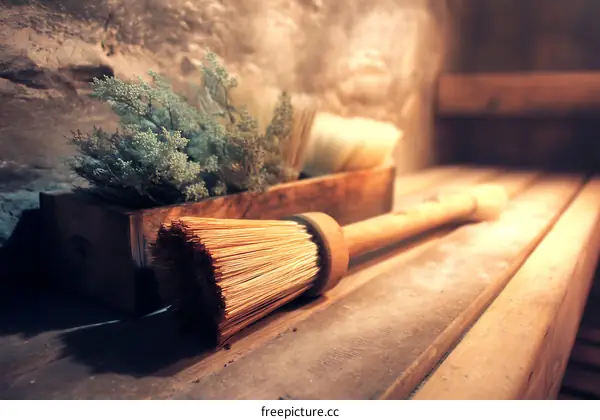 Wooden Brush and Dried Flowers on Rustic Wooden Surface