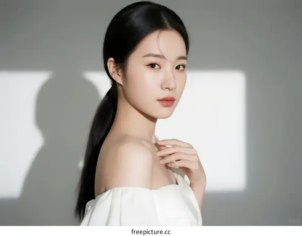 A Young Woman with Long Black Hair in White Off-the-Shoulder Dress