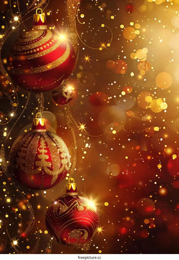Red and gold Christmas ornaments hanging from a gold background with snowflakes