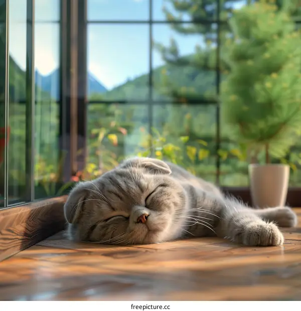 A gray cat is sleeping on the wooden floor in the sun