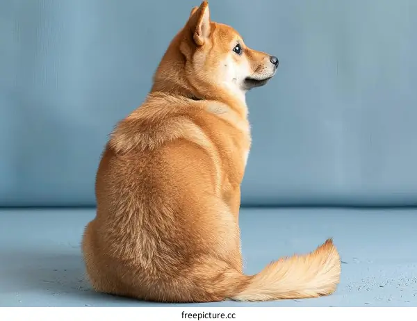 A cute Shiba Inu dog sitting with its back to the camera