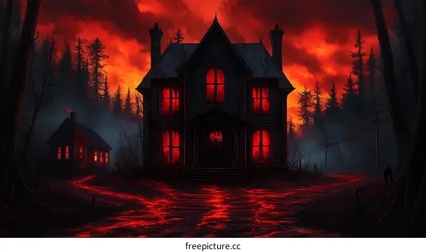 Haunted House in a Blood-Red Forest Landscape