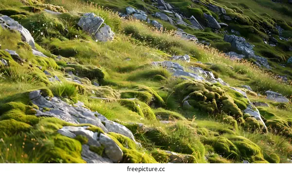 Green Mossy Rocks on a Mountainside