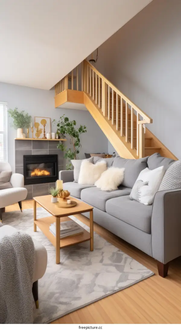 A cozy living room with a fireplace and a staircase