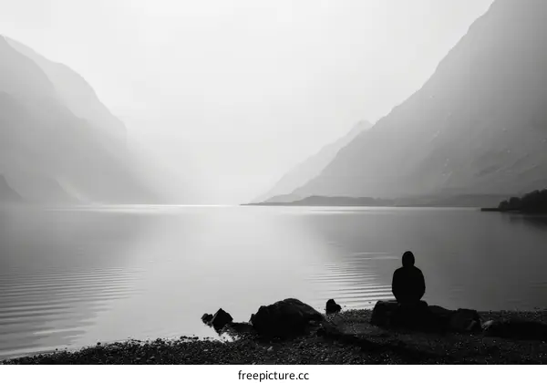 A Solitary Figure Sits on the Shore of a Misty Lake