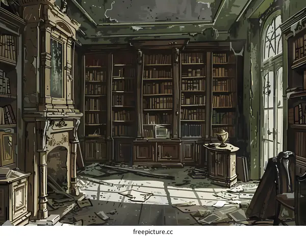 Abandoned Library with Bookshelves and Fireplace