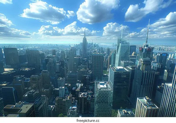 New York City Skyline with Blue Skies and Clouds