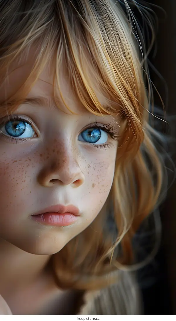 Portrait of a young girl with freckles and blue eyes