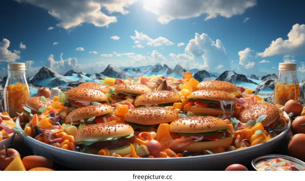 Table full of burgers with mountain background