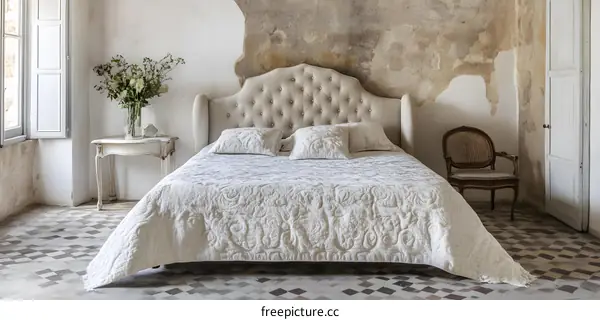 Elegant White Bed with Floral Patterned Quilt and Pillows in a Room with a Distressed Wall and Tile Floor
